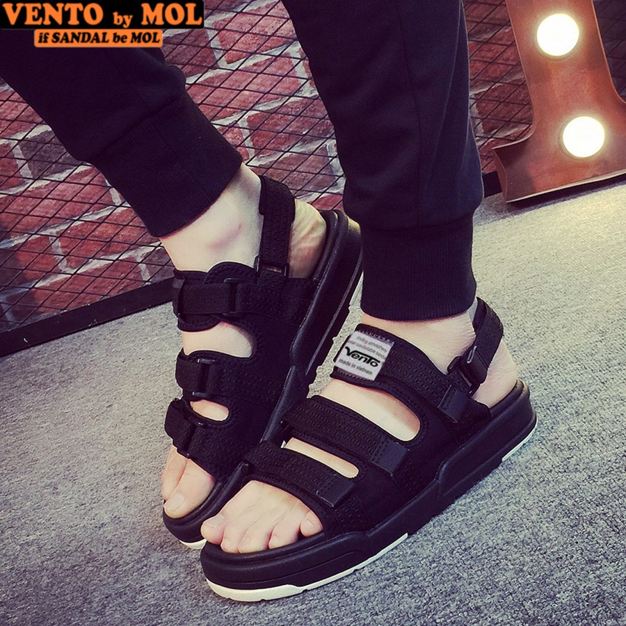 Giày sandal nam nữ 3 quai ngang Vento NV1001B màu đen có big size 44 45
