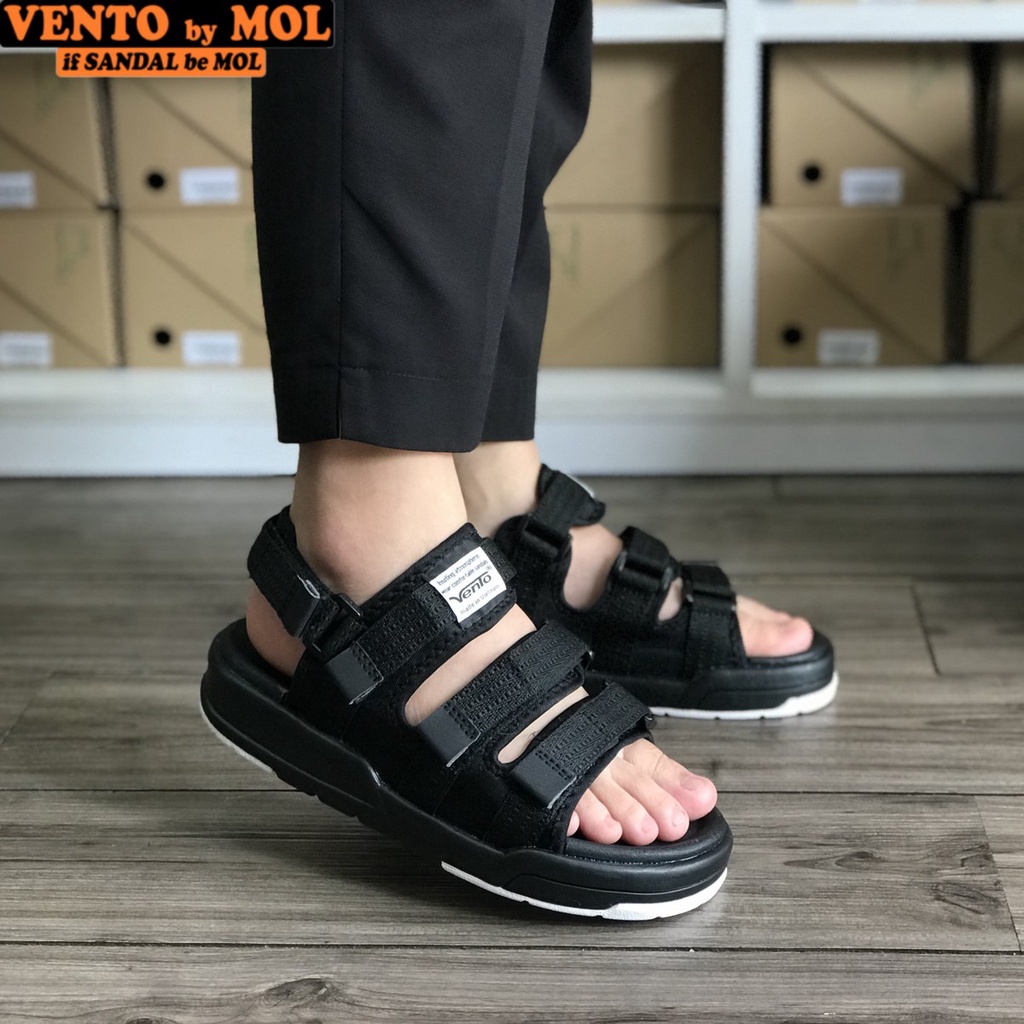 Giày sandal nam nữ 3 quai ngang Vento NV1001B màu đen có big size 44 45