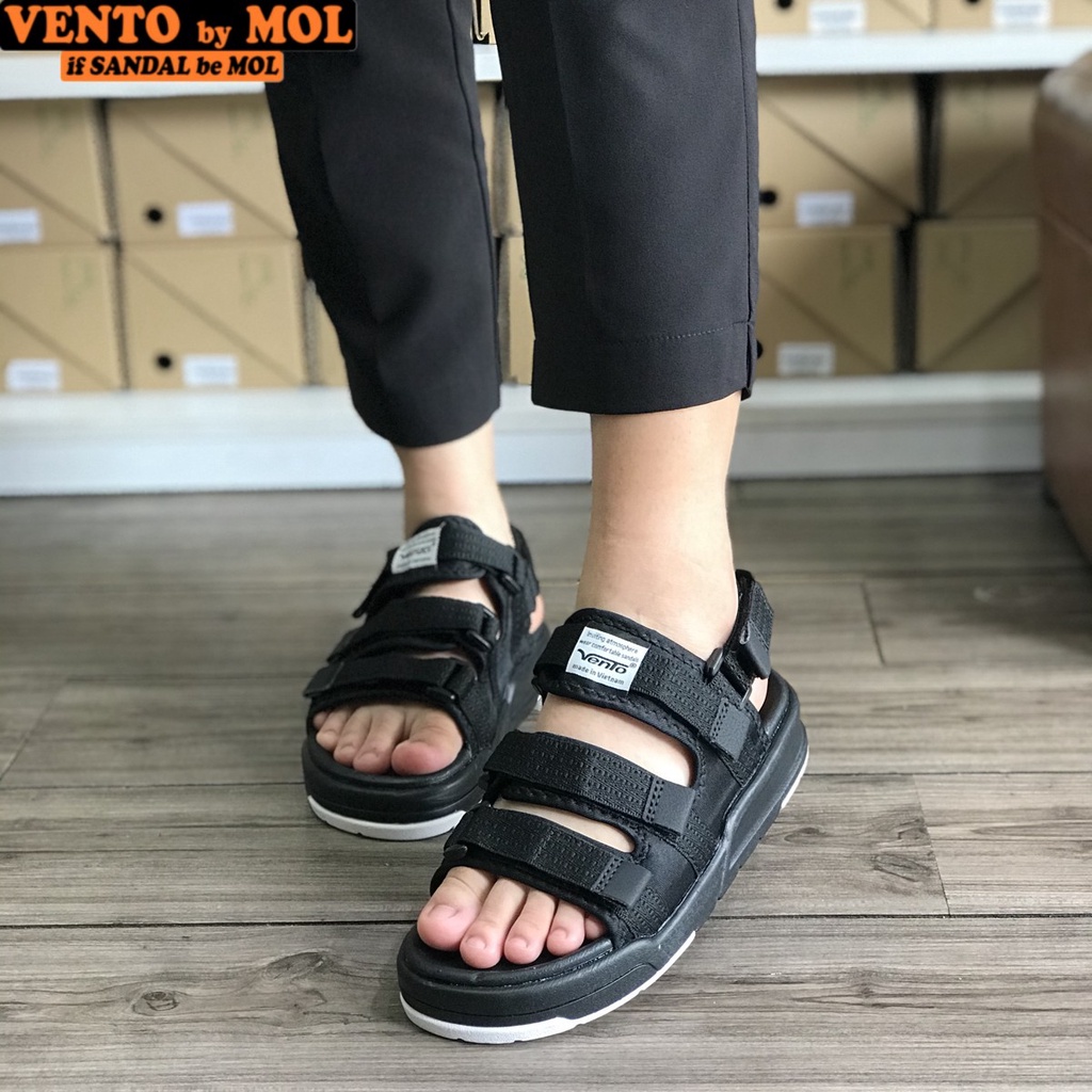 Giày sandal nam nữ 3 quai ngang Vento NV1001B màu đen có big size 44 45