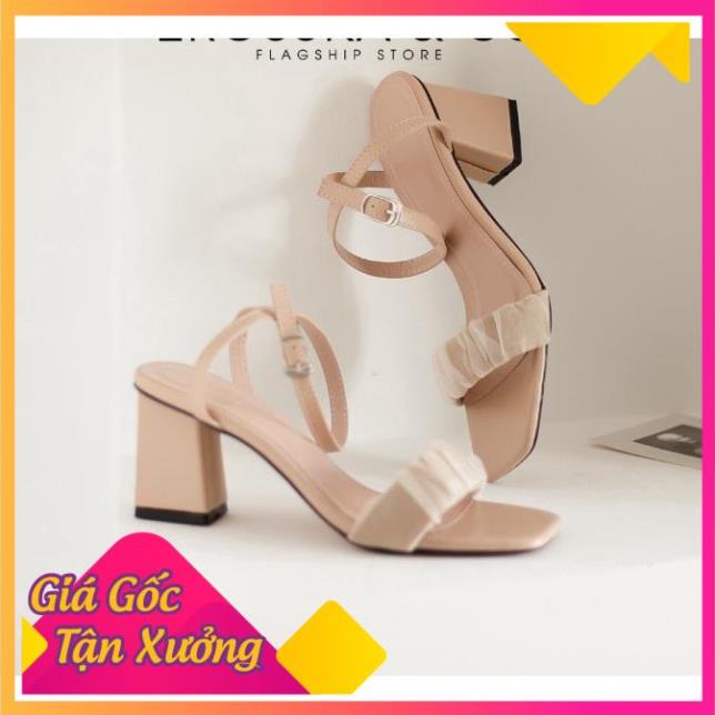 Giày sandal cao gót nữ quai nhún lưới phối dây quai mảnh cao 7cm màu đen - EB0