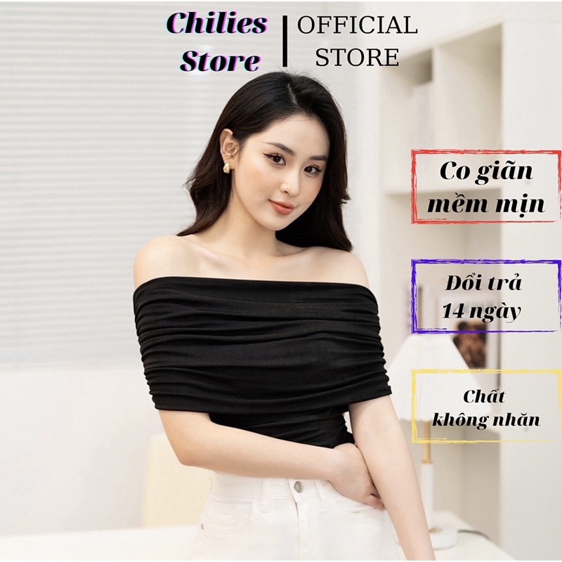 Áo Trễ Vai Chất Nhúng Mềm Nhún Eo Dài Tay Ngắn Tay Trắng Đen Kèm Video Thật