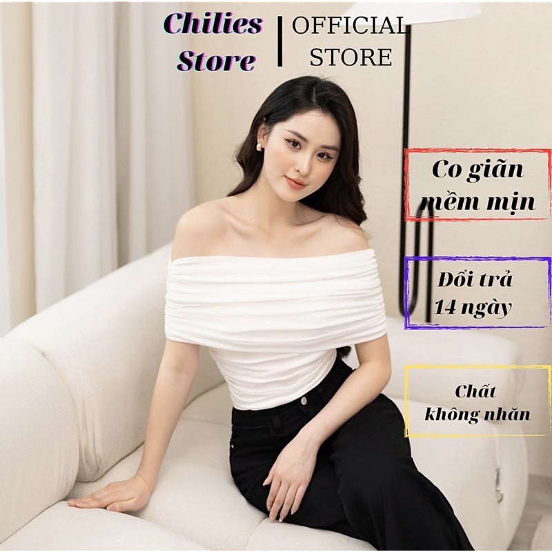 Áo Trễ Vai Chất Nhúng Mềm Nhún Eo Dài Tay Ngắn Tay Trắng Đen Kèm Video Thật