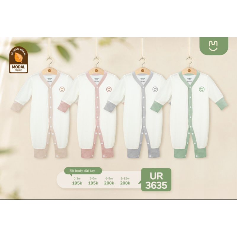 Body dài tay sơ sinh cho bé ualarogo, body cúc bấm cài giữa chất modal mềm mịn, mỏng nhẹ