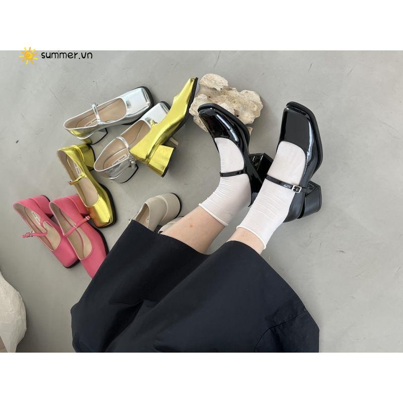 Giày Mary Jane Gót Dày Mũi Vuông Màu Bạc Thời Trang Mùa Hè Phong Cách Mới Cho Nữ