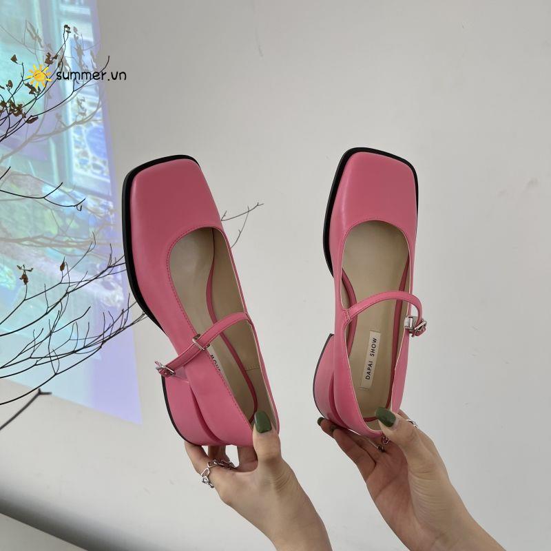 Giày Mary Jane Gót Dày Mũi Vuông Màu Bạc Thời Trang Mùa Hè Phong Cách Mới Cho Nữ