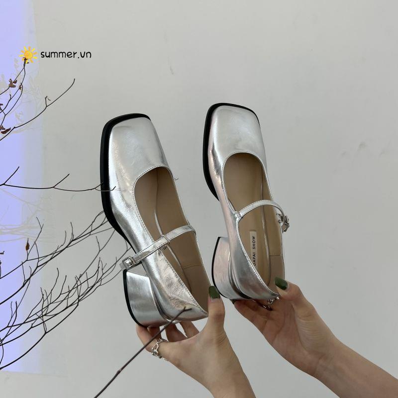 Giày Mary Jane Gót Dày Mũi Vuông Màu Bạc Thời Trang Mùa Hè Phong Cách Mới Cho Nữ