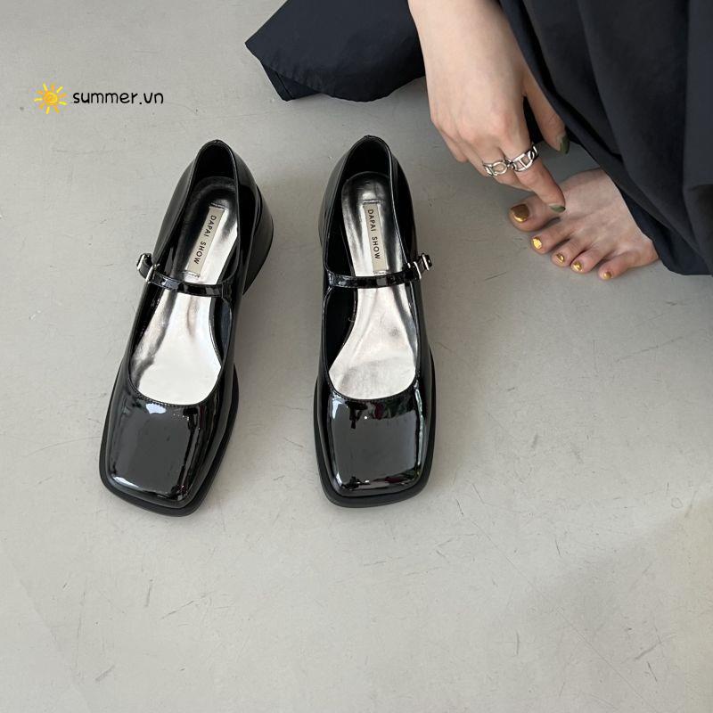 Giày Mary Jane Gót Dày Mũi Vuông Màu Bạc Thời Trang Mùa Hè Phong Cách Mới Cho Nữ