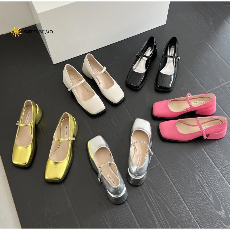 Giày Mary Jane Gót Dày Mũi Vuông Màu Bạc Thời Trang Mùa Hè Phong Cách Mới Cho Nữ