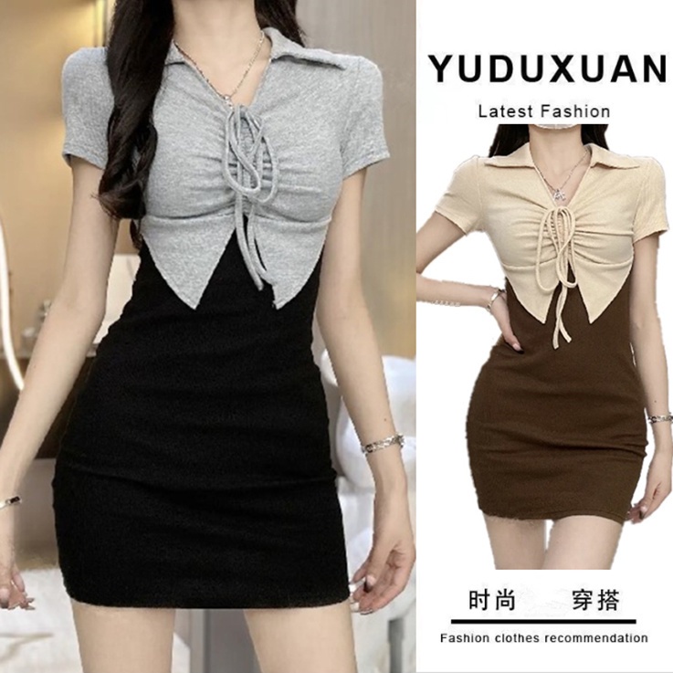 Đầm Cổ polo Giả Hai Mảnh Ghép Màu Tương Phản Phong Cách Mới Mùa Hè 2023 Dành Cho Bạn Nữ