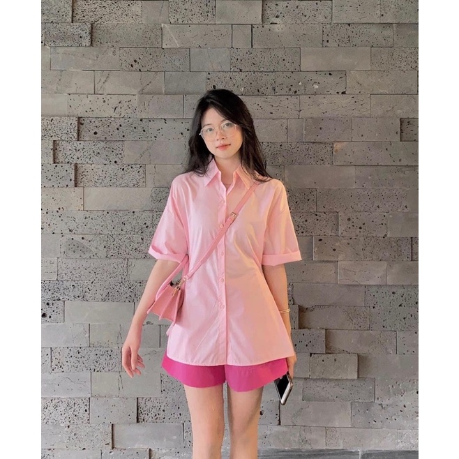 Sét áo sơmi trơn khuy bấm hai bên mix quần sooc hàng L1