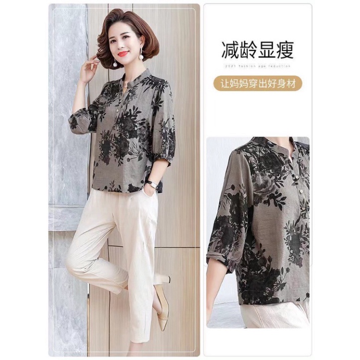 Áo Lanh trung niên nữ, mẫu áo in hoa 2 màu cho mẹ, xuất xứ Quảng Châu #A01