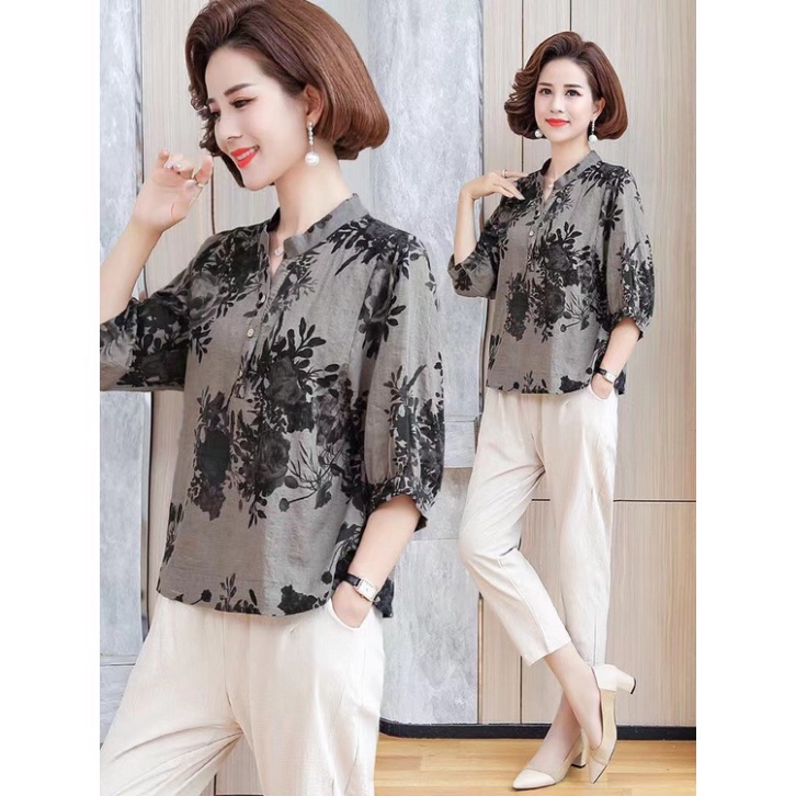 Áo Lanh trung niên nữ, mẫu áo in hoa 2 màu cho mẹ, xuất xứ Quảng Châu #A01