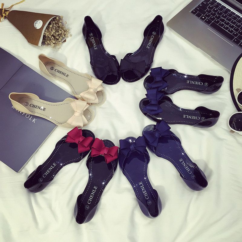 Giày Sandal Nhựa Dẻo Trong Suốt Hở Mũi Đính Nơ Thời Trang Đi Biển Cho Nữ