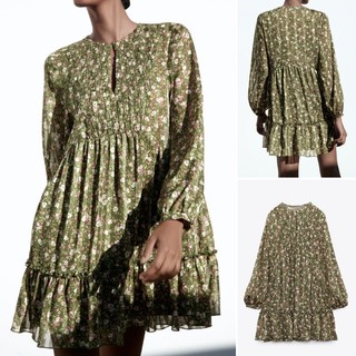 Zara Morocco full tag - Đầm Zara babydoll hoa nhí xanh trầm Phối Bèo nữ tính YO55