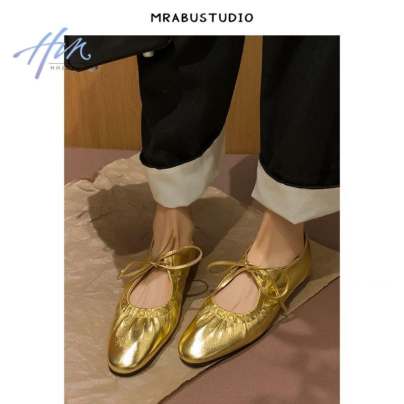 Giày Da Mềm Đế Bằng Cột Dây Màu Vàng / Bạc Phong Cách Retro Pháp Cho Nữ