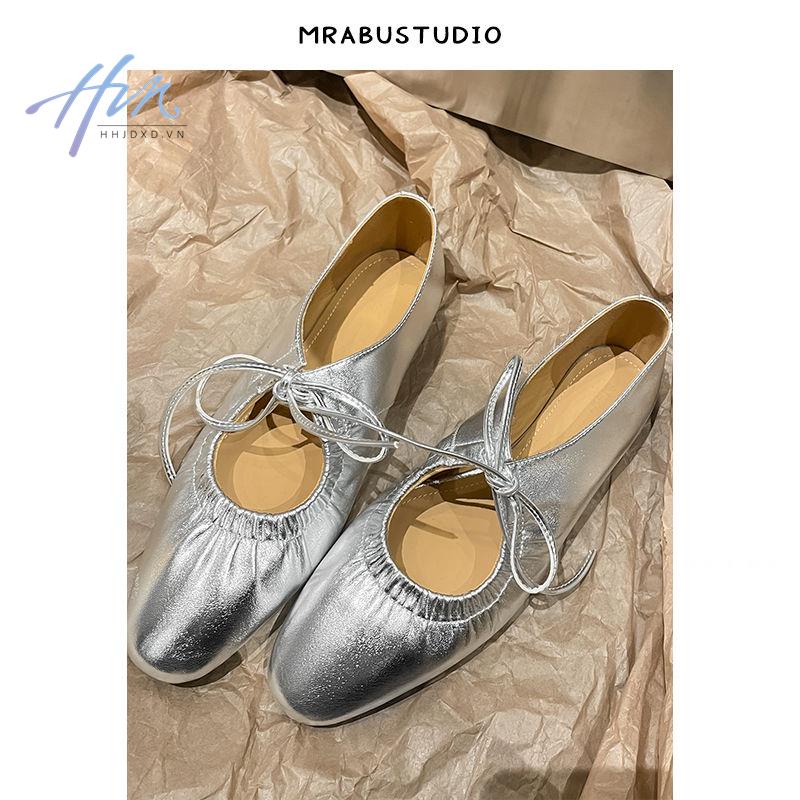 Giày Da Mềm Đế Bằng Cột Dây Màu Vàng / Bạc Phong Cách Retro Pháp Cho Nữ