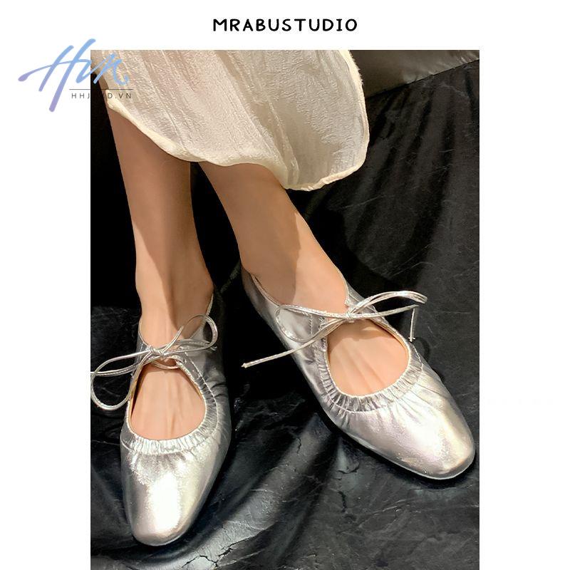 Giày Da Mềm Đế Bằng Cột Dây Màu Vàng / Bạc Phong Cách Retro Pháp Cho Nữ