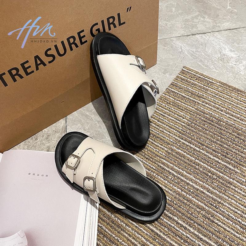 Giày Sandal Đế Phẳng Dày Hai Khóa Cài Phong Cách Anh Quốc Cổ Điển 2023