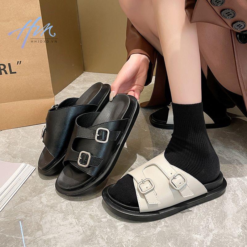 Giày Sandal Đế Phẳng Dày Hai Khóa Cài Phong Cách Anh Quốc Cổ Điển 2023