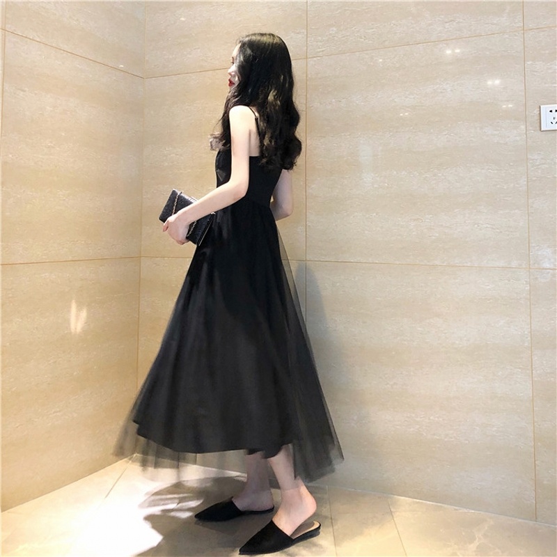 Đầm Hai Dây Dáng Dài Màu Đen Phong Cách Pháp Thời Trang Mùa Hè Xinh Xắn Cho Nữ