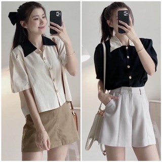 Áo sơ mi cộc tay phối cổ tay bồng cúc mạ