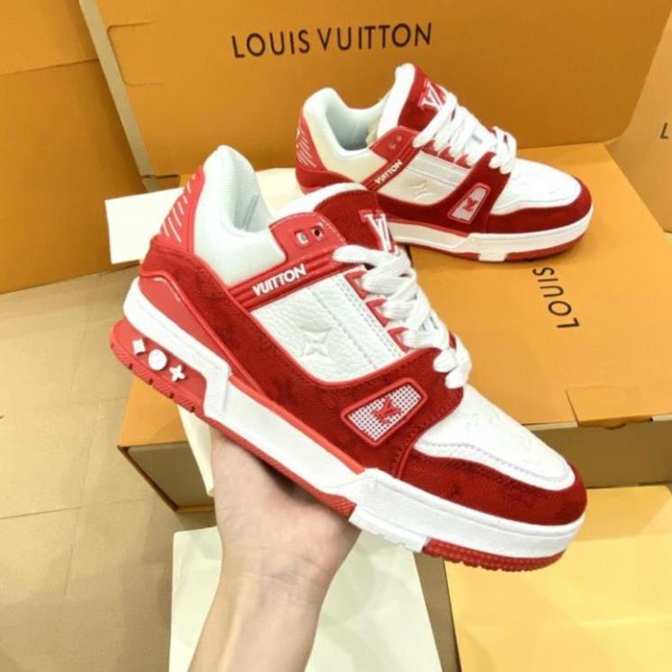 Giày thể thao LV phối đỏ mới nhất 2023. Giày Louis Vuitton LV Trainer Monogram Denim màu đỏ đủ size nam nữ