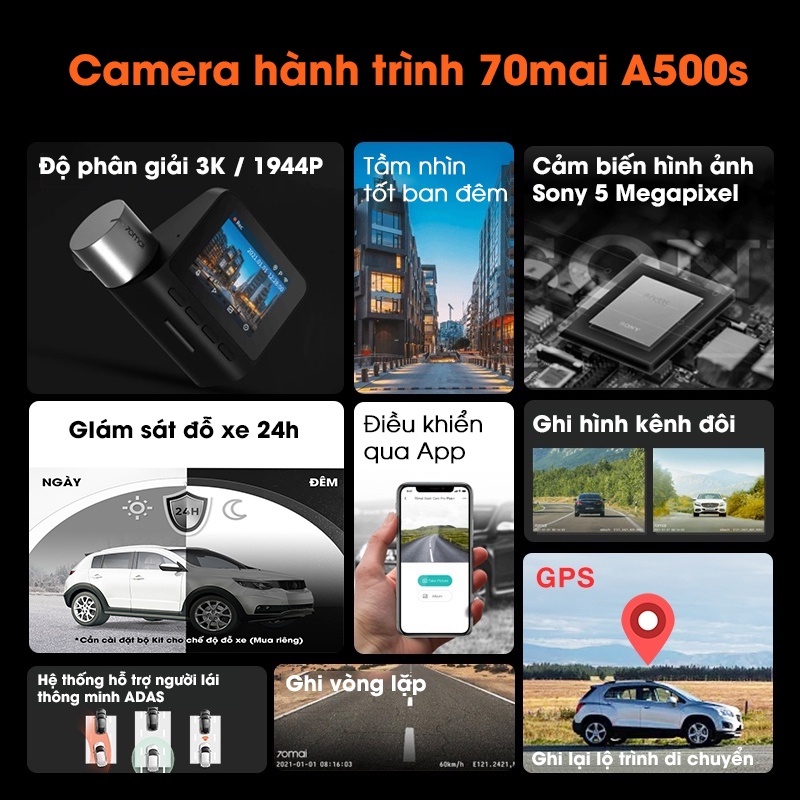 Camera hành trình ô tô 70mai Dash Cam Pro A500S độ phân giải 2K tích hợp GPS, Cam trước + sau - Chính Hãng bản Quốc tế