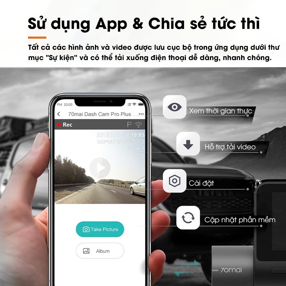 Camera hành trình ô tô 70mai Dash Cam Pro A500S độ phân giải 2K tích hợp GPS, Cam trước + sau - Chính Hãng bản Quốc tế