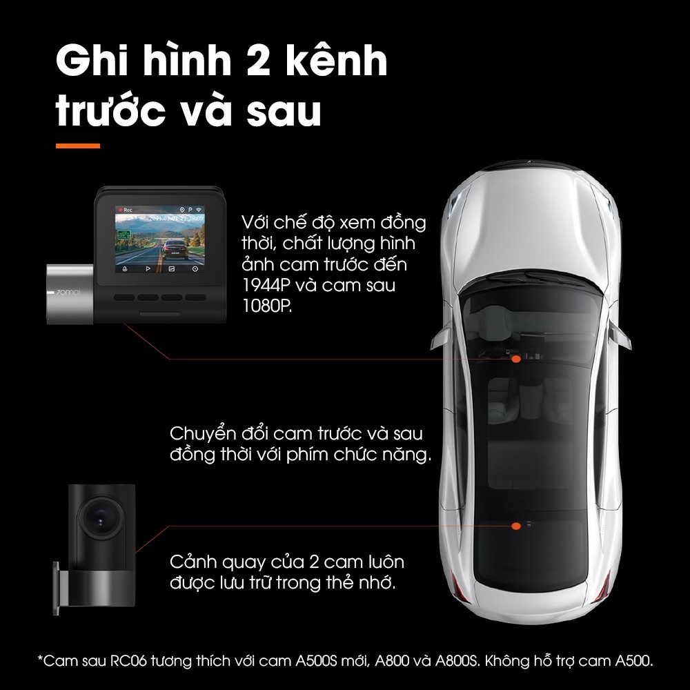 Camera hành trình ô tô 70mai Dash Cam Pro A500S độ phân giải 2K tích hợp GPS, Cam trước + sau - Chính Hãng bản Quốc tế