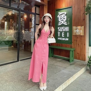 Đầm Lụa 2 Dây Có Mút Ngực Dáng Midi Suông Xẻ Tà Họa Tiết Đính Hàng Nút , 3 Màu Hồng Xanh Đen Có Ảnh Thật Trải Sàn