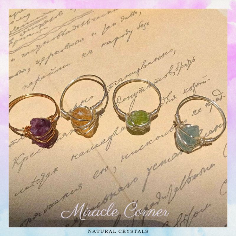 Nhẫn đá thô quấn đồng peridot, citrine, fluorite, aquamarine