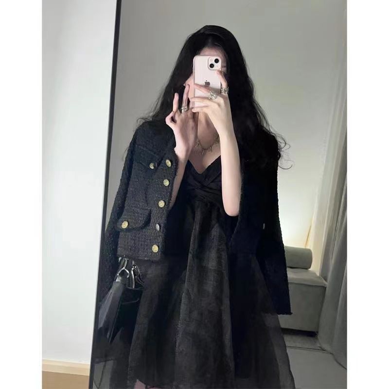 Đầm công chúa Đầm Dài Hai Dây Màu Đen Phong Cách Pháp Thời Trang Mùa Hè Ngọt Ngào Cho Nữ