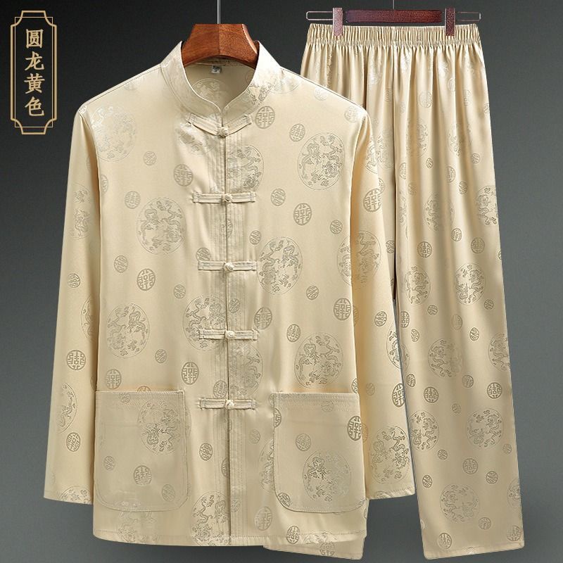 165-190 trang phục Tang nam lụa băng dài tay trang phục sinh nhật ông nội trung niên và cao tuổi bộ đồ bố phong cách Trung Quốc