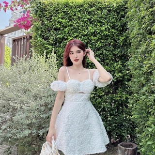 Váy tơ bông trễ vai tay bồng 2 lớp mặc được nhiều kiểu