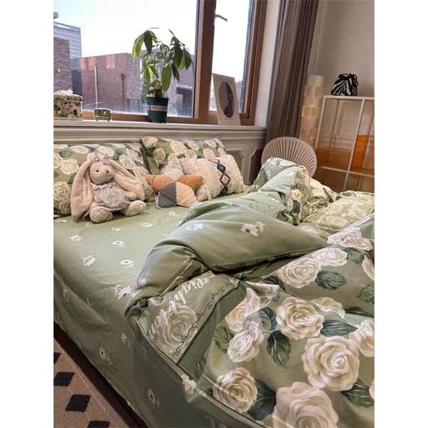 Bộ chăn ga gối cotton 3D combo 5 món hoa xanh  mát mềm mịn thoáng mát mùa hè tặng kèm vỏ gối ôm