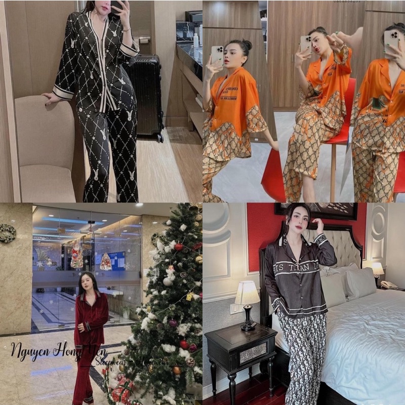 Bộ Pyjama Nữ Tay Dài Chất Lụa Xước Latin Đẹp Mắt Thoáng Mát Hàng Thiết Kế Siêu Xinh