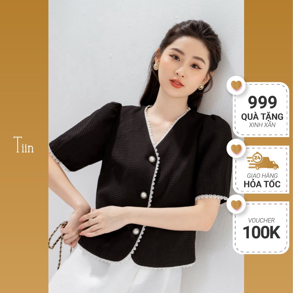 Áo sơ mi cổ tim phối ren chất Tacta hạt đứng form, không nhăn TIINSTORE AHN334