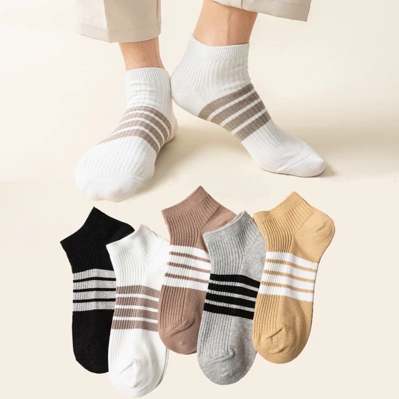 Set 5 Đôi Tất Nam Nữ Cổ Ngắn Kẻ Ngang Thể Thao Thời Trang Cao Cấp,Khử Mùi