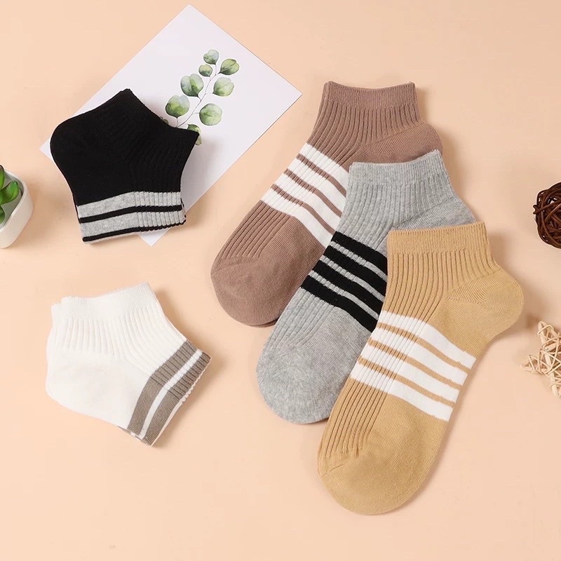 Set 5 Đôi Tất Nam Nữ Cổ Ngắn Kẻ Ngang Thể Thao Thời Trang Cao Cấp,Khử Mùi