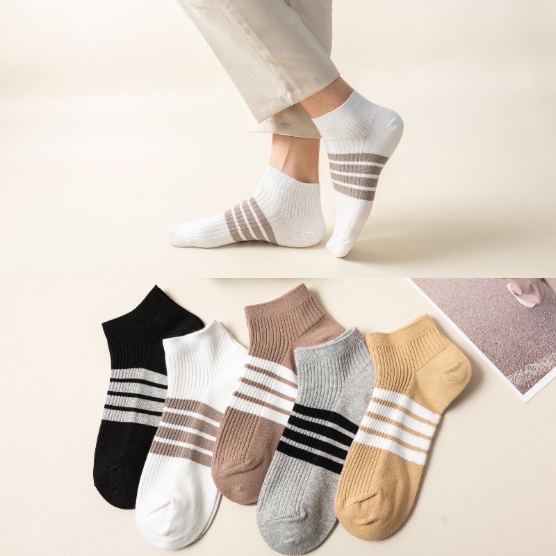 Set 5 Đôi Tất Nam Nữ Cổ Ngắn Kẻ Ngang Thể Thao Thời Trang Cao Cấp,Khử Mùi