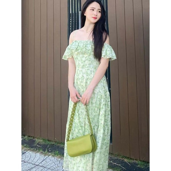 Váy maxi hoa voan tơ trễ vai đi biển