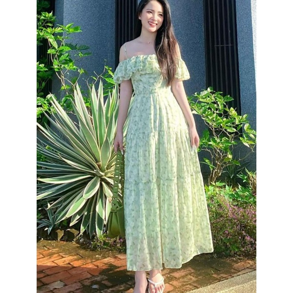 Váy maxi hoa voan tơ trễ vai đi biển