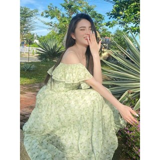 Váy maxi hoa voan tơ trễ vai đi biển