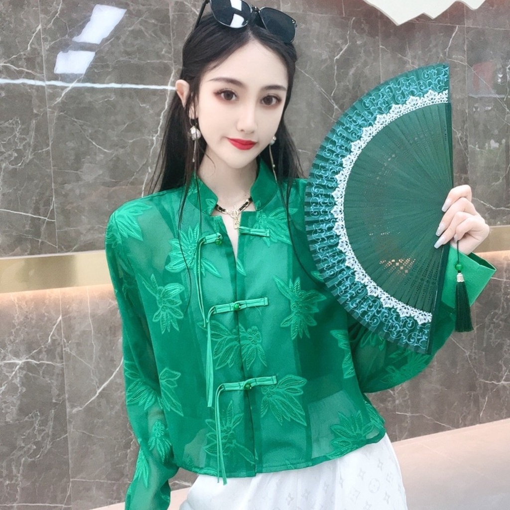 Áo Sơ Mi Tay Dài Chống Nắng Dáng Ôm Cài Khóa Phối Tua Rua Kiểu Trung Hoa Thời Trang Mùa Hè Cho Bạn Gái