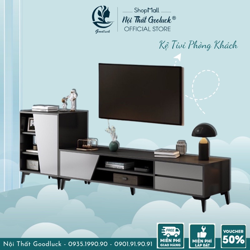Kệ tivi để sàn Goodluck dùng làm tủ tivi phòng khách đã lắp sẵn FreeshipHCM TV111
