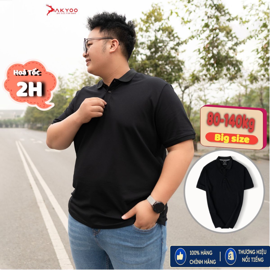 Áo POLO Nam Bigsize 80-140KG AKYOO Cao Cấp Cotton Co Giãn, Thâm Hút Mồ Hôi, Áo Polo Bigsize - PL DEN TRON