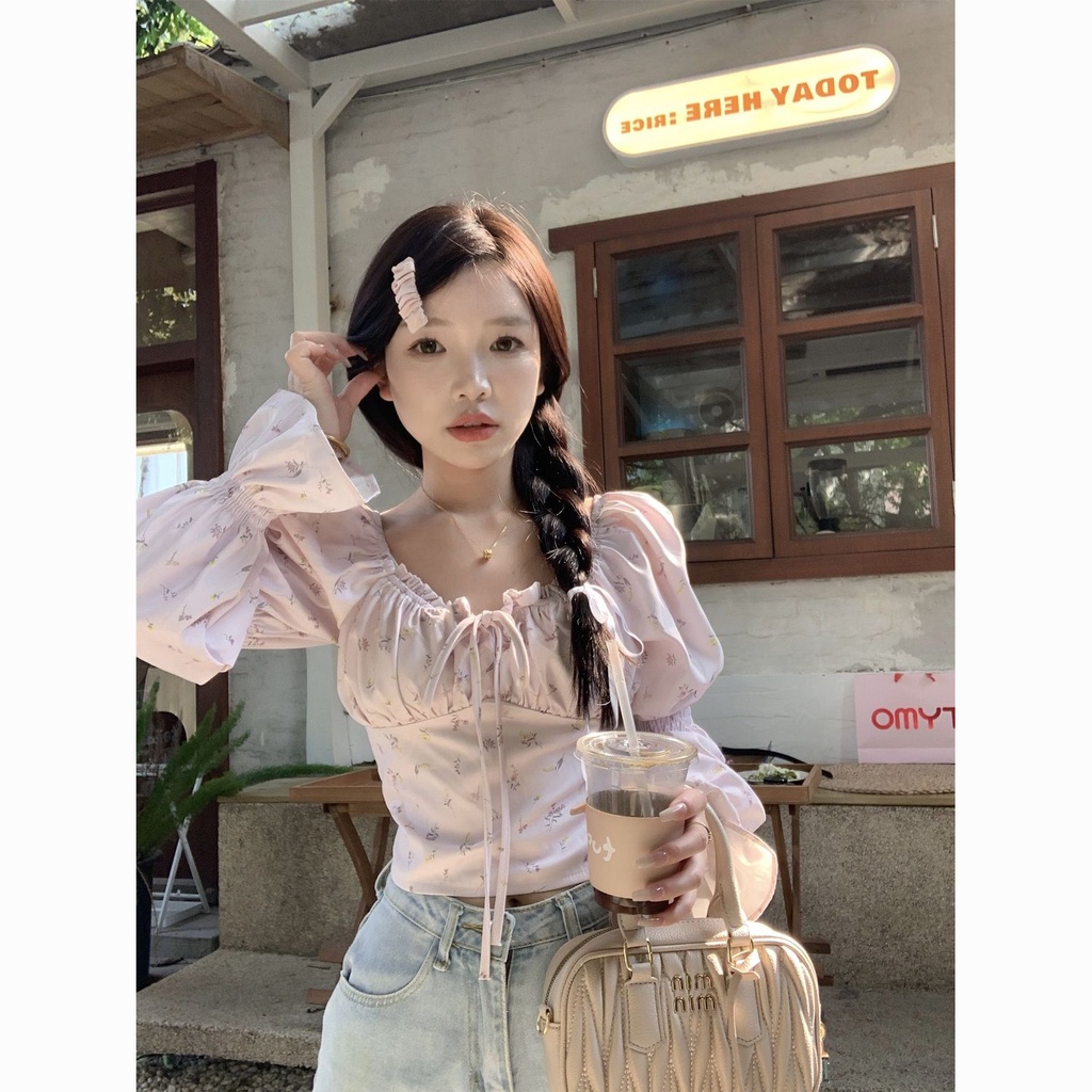 Jiashucheng Áo Sơ Mi Ngắn Tay Dài Thắt Dây Nhấn Eo Mỏng Mùa Xuân Họa Tiết Hoa Phong Cách Pháp Độc Đáo Cho Nữ