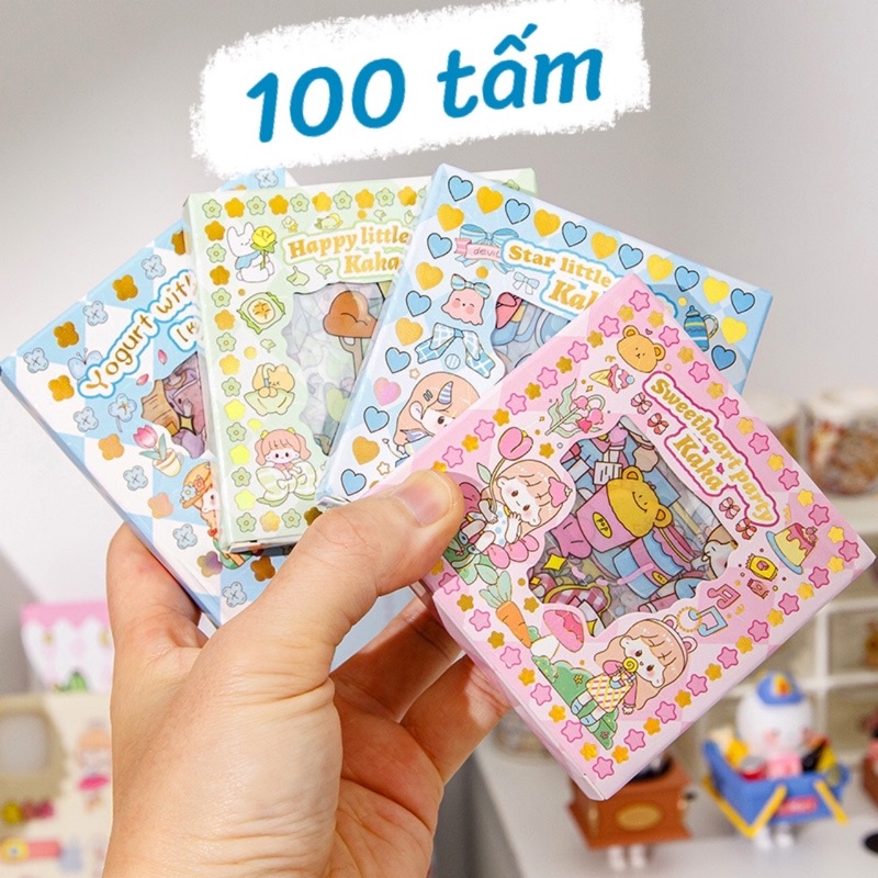Hộp 100 tấm, 1000 sticker dễ thương dán trang trí bình nước, sổ tay, điện thoại - Tiệm Ốc Sột