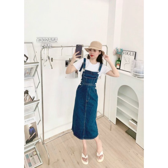 Váy Yếm Jeans Túi To Dáng Dài Xẻ Tà Sau ,Váy Bò Suông Phối Dây Yếm Ôm Body Vải Jeans Không Có Dãn - Y3026