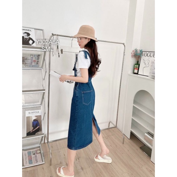 Váy Yếm Jeans Túi To Dáng Dài Xẻ Tà Sau ,Váy Bò Suông Phối Dây Yếm Ôm Body Vải Jeans Không Có Dãn - Y3026